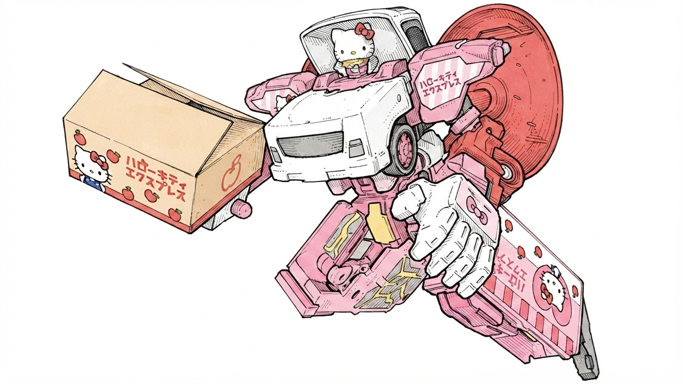 Job Braver 與 Hello Kitty 聯名特快貨車素描插畫